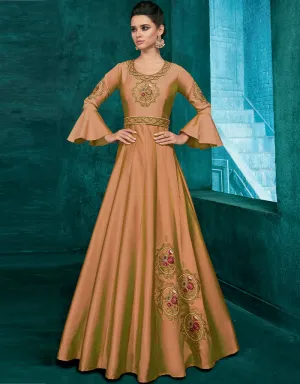 Beige Designer Party Wear Triva Silk Readymade Gown