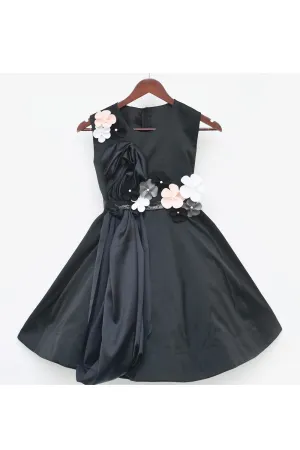 Black 3D Flower Embellished Taffeta Silk Dress