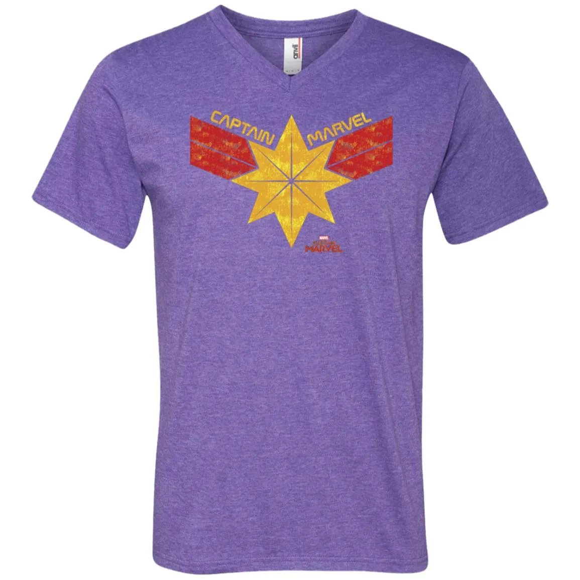 Captain Marvel Distressed Star Ribbon Logo Men V-Neck T-Shirt