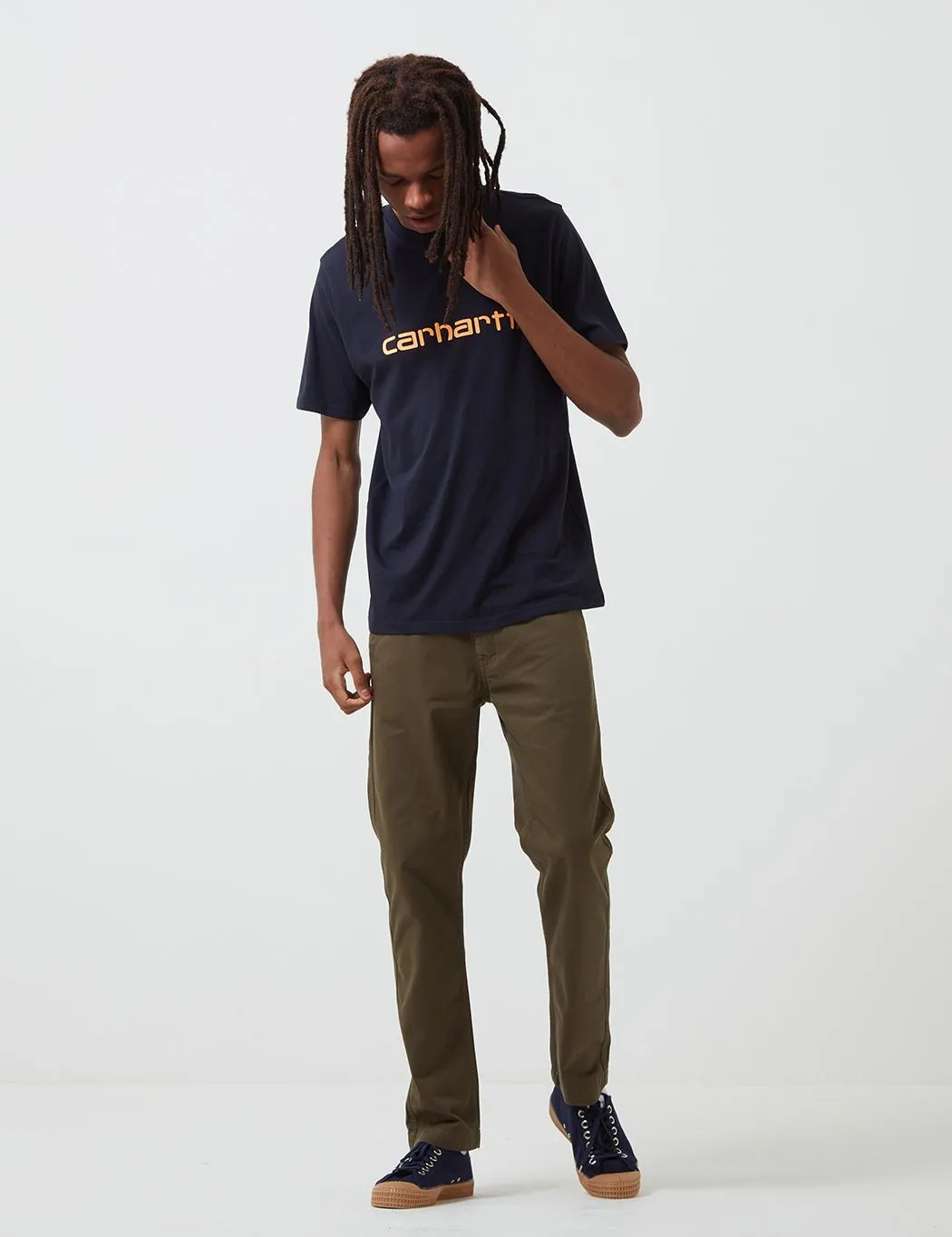 Carhartt-WIP Script T-Shirt - Dark Navy Blue/Pop Orange