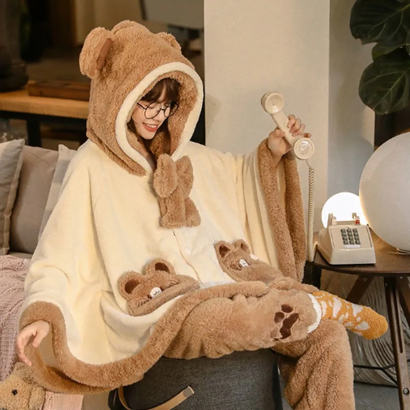 Cartoon Cloak Bowknot Hooded Bear Pajamas Set