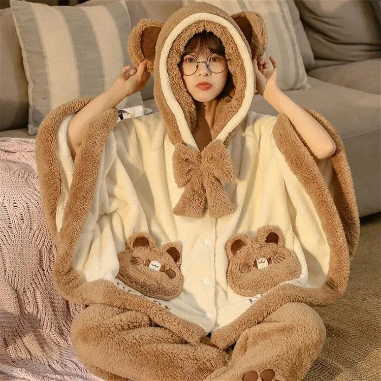 Cartoon Cloak Bowknot Hooded Bear Pajamas Set