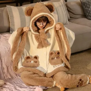 Cartoon Cloak Bowknot Hooded Bear Pajamas Set