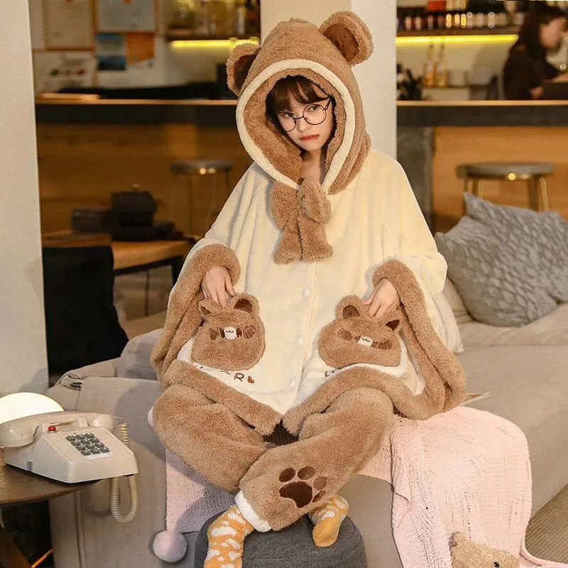 Cartoon Cloak Bowknot Hooded Bear Pajamas Set