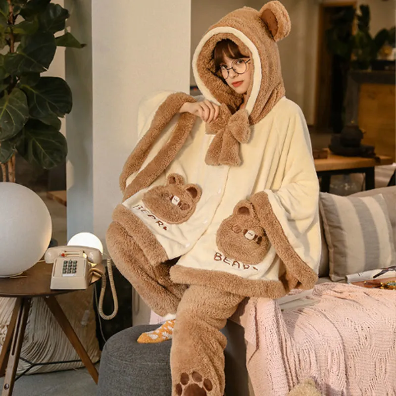 Cartoon Cloak Bowknot Hooded Bear Pajamas Set