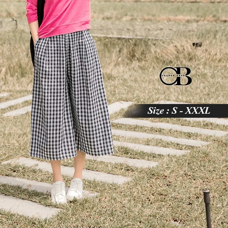 CHECKERED COTTON WIDE LEG PANTS