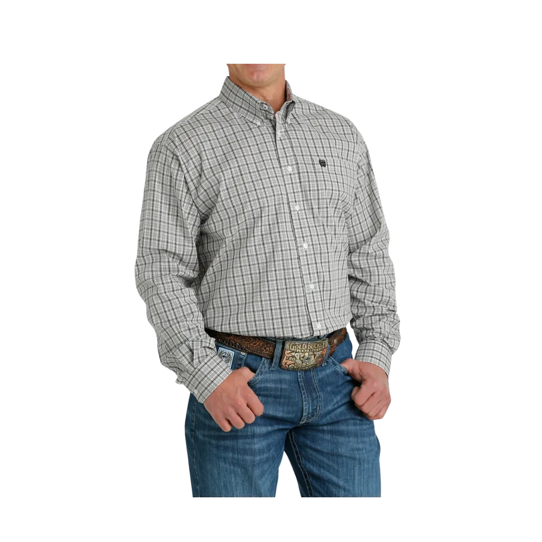 Cinch Men's Long Sleeve Button Down White Plaid Grey Shirt