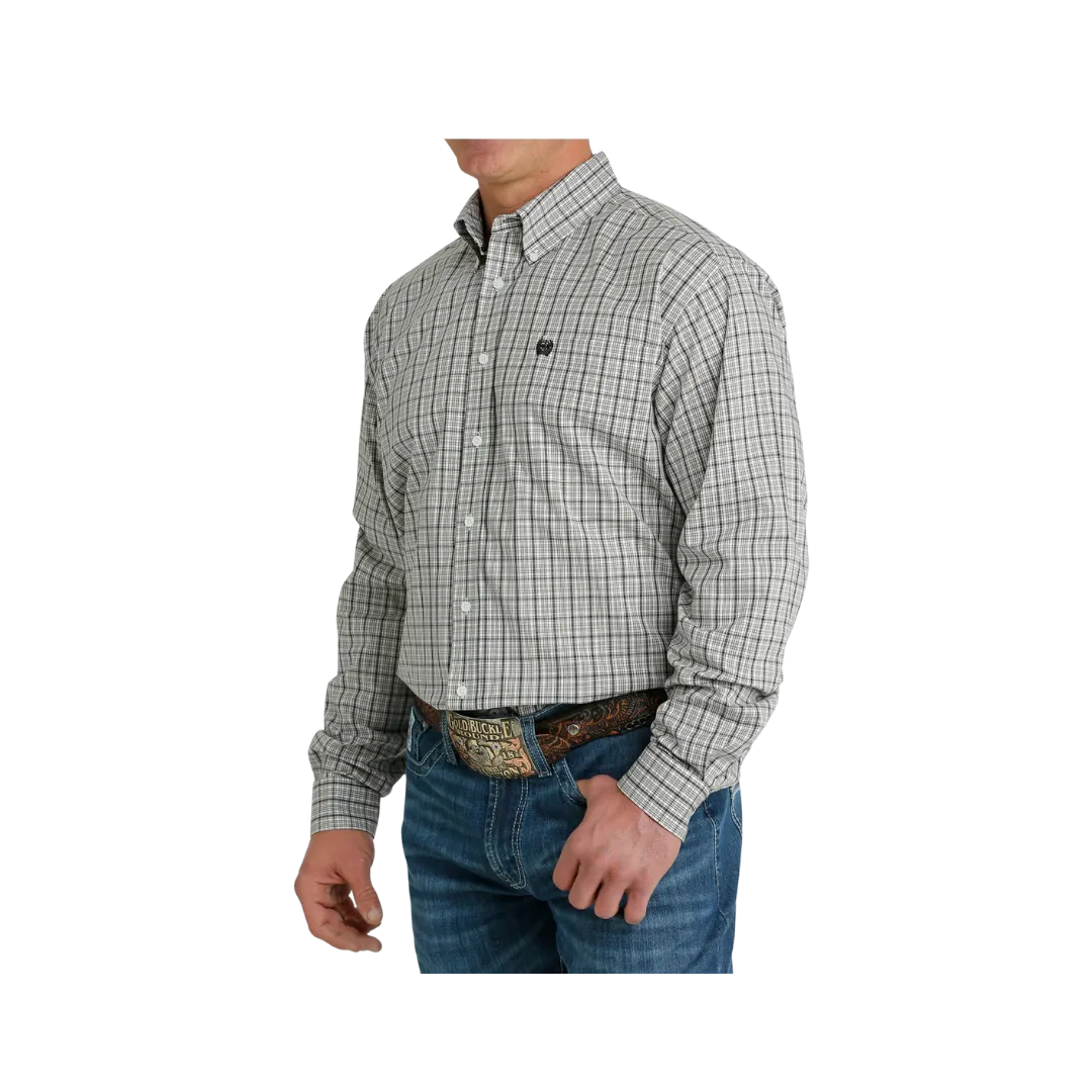 Cinch Men's Long Sleeve Button Down White Plaid Grey Shirt