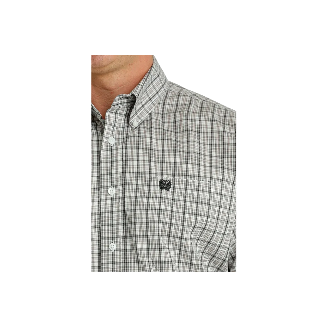 Cinch Men's Long Sleeve Button Down White Plaid Grey Shirt