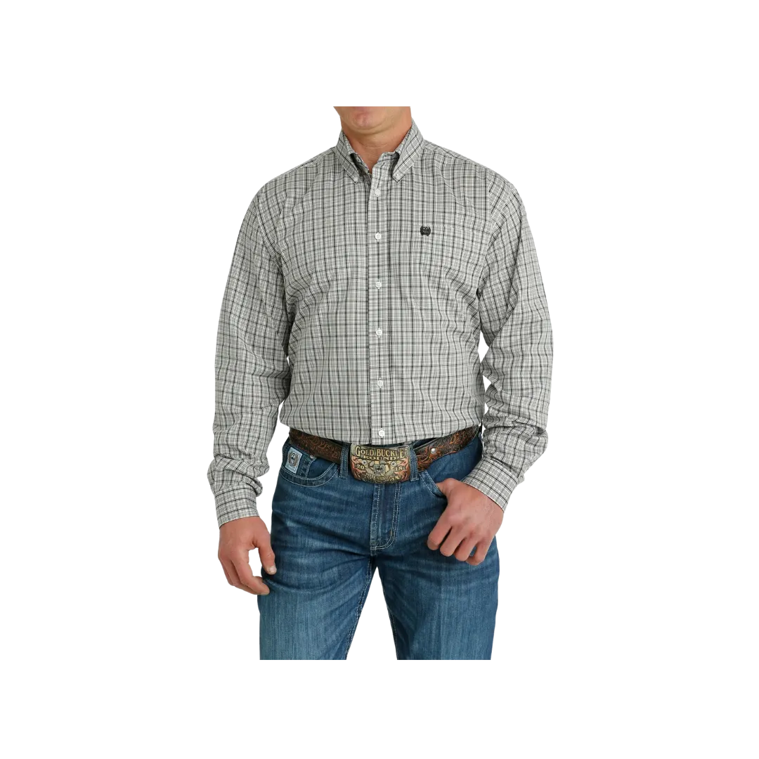 Cinch Men's Long Sleeve Button Down White Plaid Grey Shirt