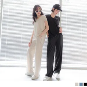 ELASTIC WAIST RIBBED WIDE LEG PANTS