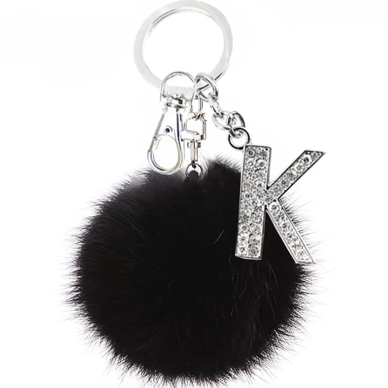 Fluffy Black Pompom Faux Rabbit Fur Ball Keychain with Crystal Letters