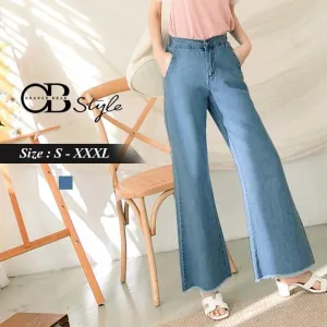 FRAYED HEM DENIM FLARED PANTS