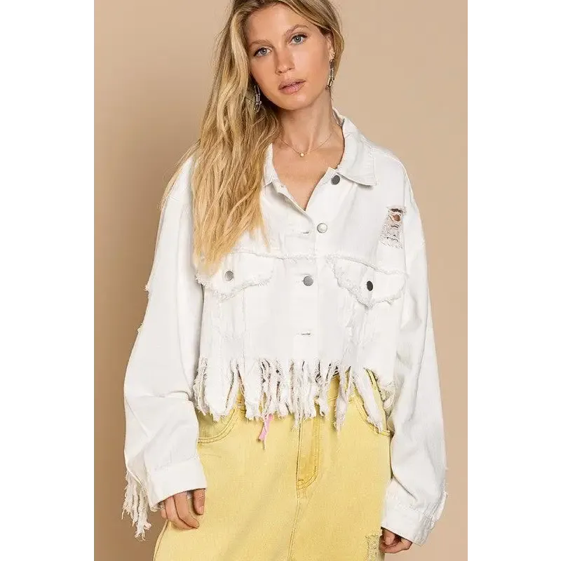 Fringe Distressed Crop Denim Jacket