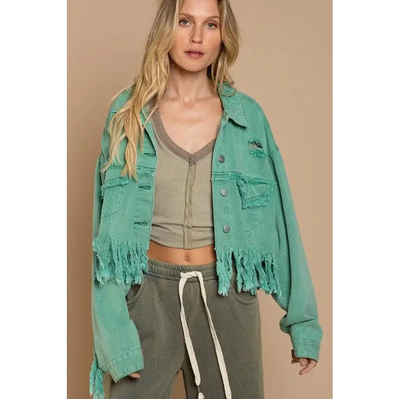 Fringe Distressed Crop Denim Jacket