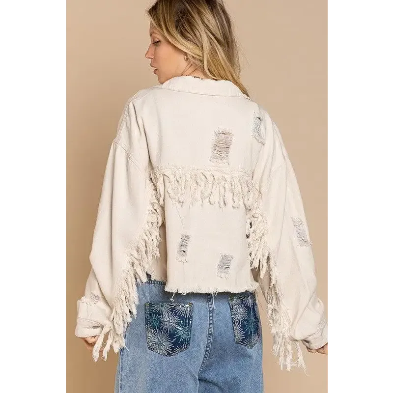 Fringe Distressed Crop Denim Jacket