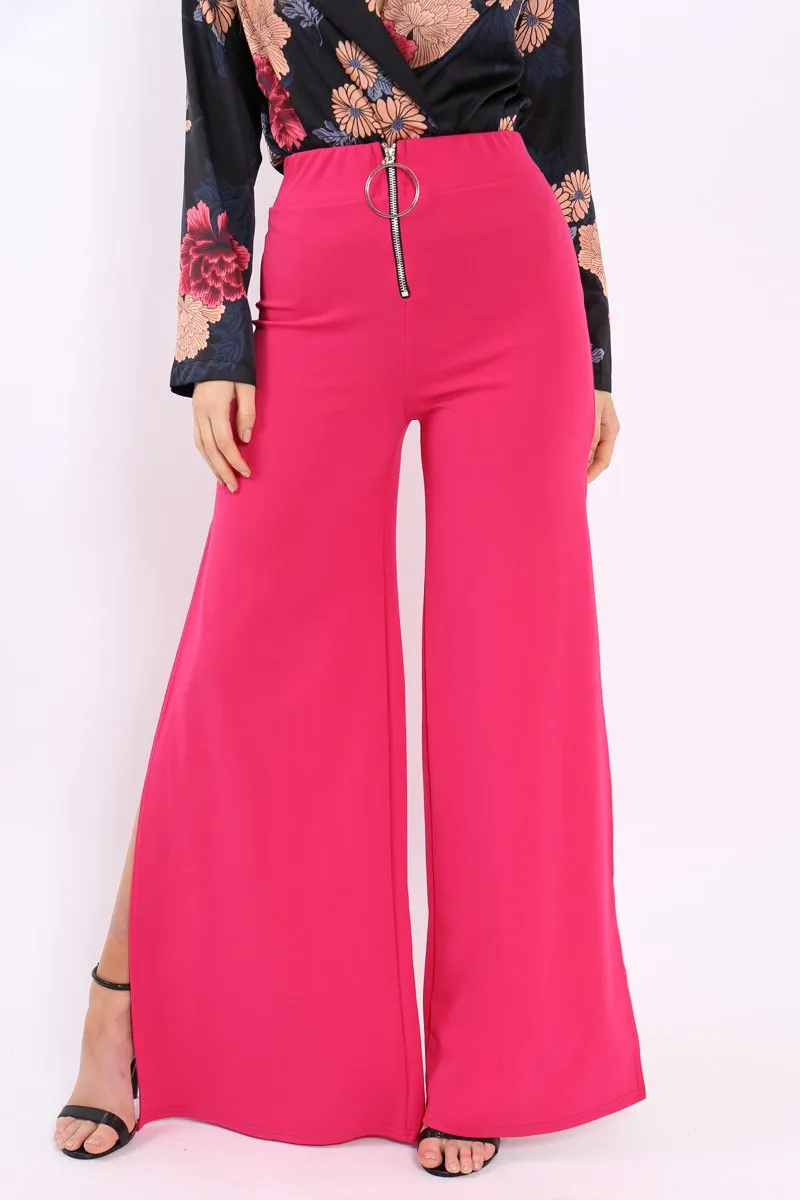 Fuchsia Zip Front High Waisted Flare Trousers - Gerta