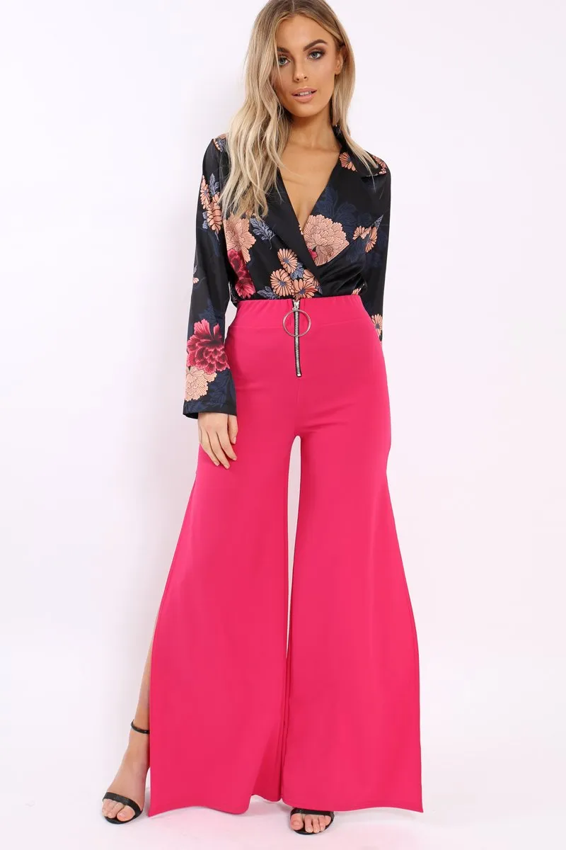 Fuchsia Zip Front High Waisted Flare Trousers - Gerta