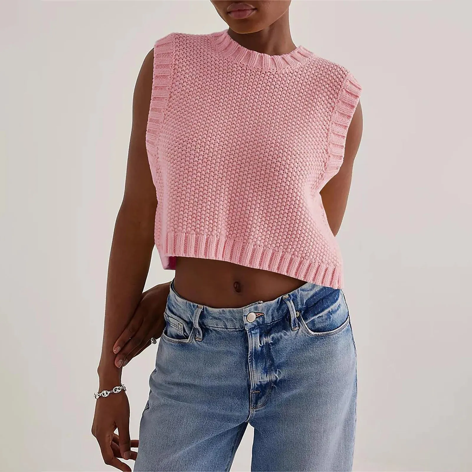 Girlary Women Tie Back Knit Vest Top Open Back Crew Neck Sleeveless Sweater Tank Top Lace Up Backless Shirt Summer Streetwear