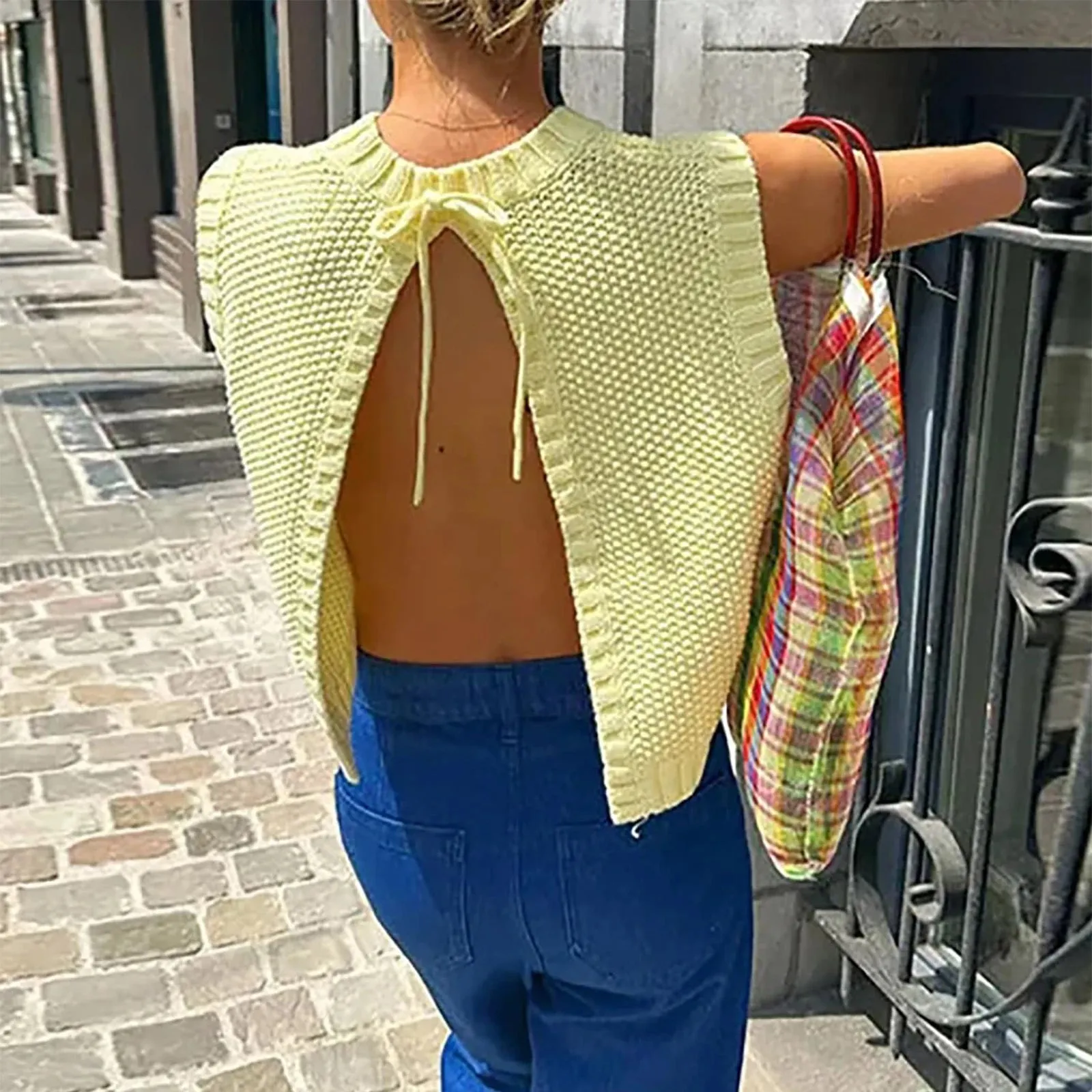 Girlary Women Tie Back Knit Vest Top Open Back Crew Neck Sleeveless Sweater Tank Top Lace Up Backless Shirt Summer Streetwear