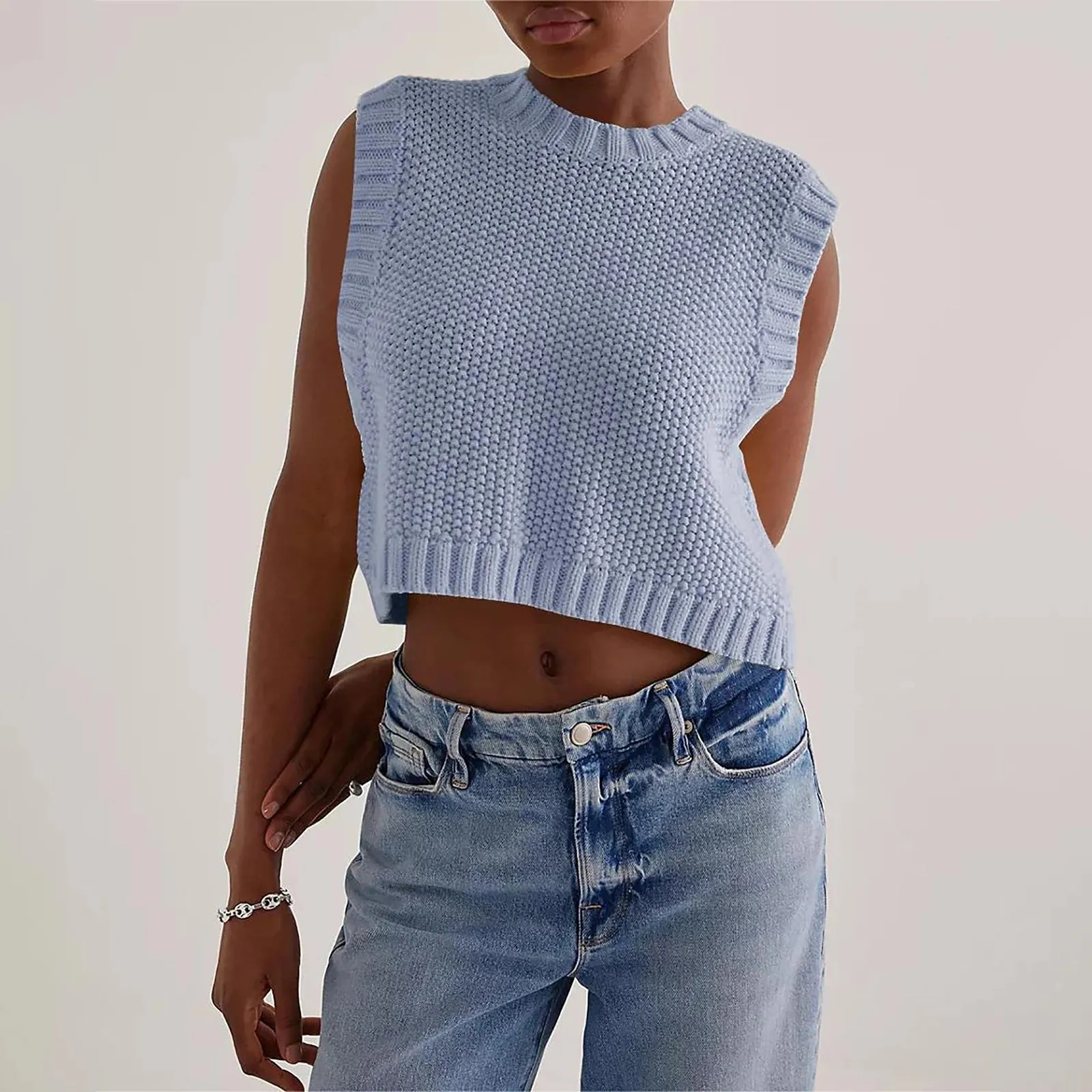 Girlary Women Tie Back Knit Vest Top Open Back Crew Neck Sleeveless Sweater Tank Top Lace Up Backless Shirt Summer Streetwear