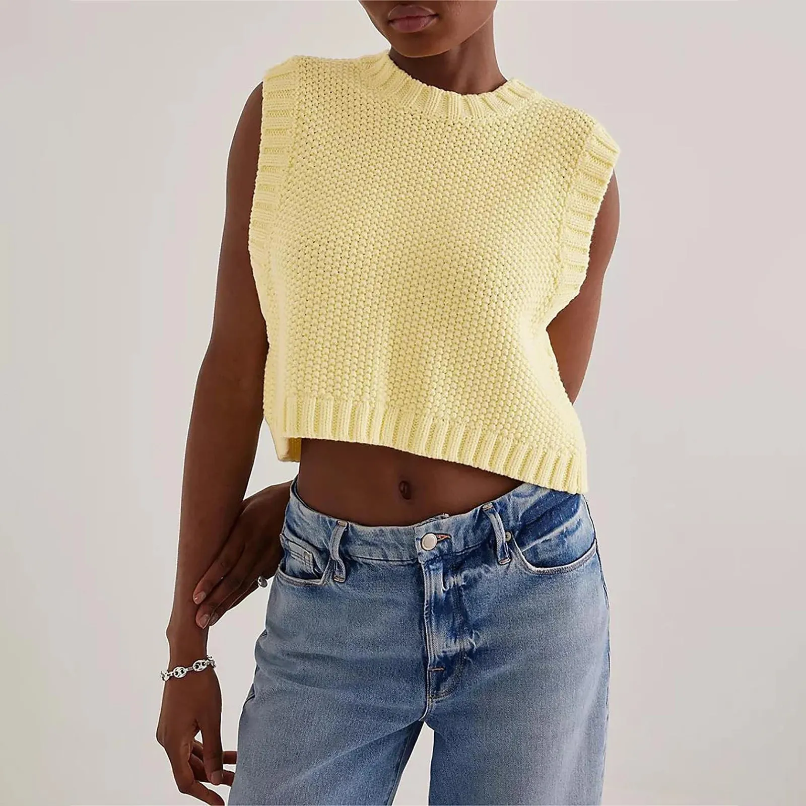 Girlary Women Tie Back Knit Vest Top Open Back Crew Neck Sleeveless Sweater Tank Top Lace Up Backless Shirt Summer Streetwear