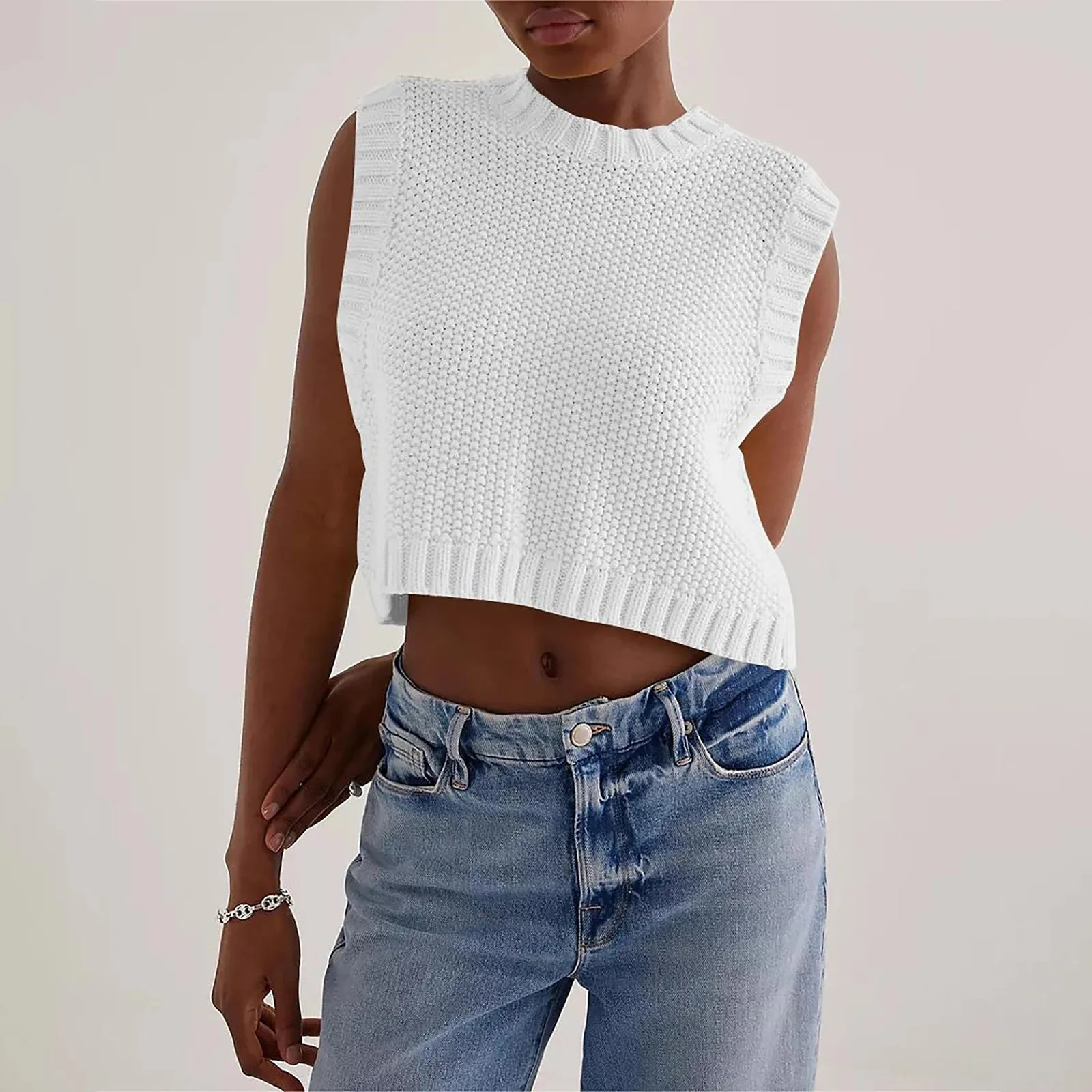 Girlary Women Tie Back Knit Vest Top Open Back Crew Neck Sleeveless Sweater Tank Top Lace Up Backless Shirt Summer Streetwear