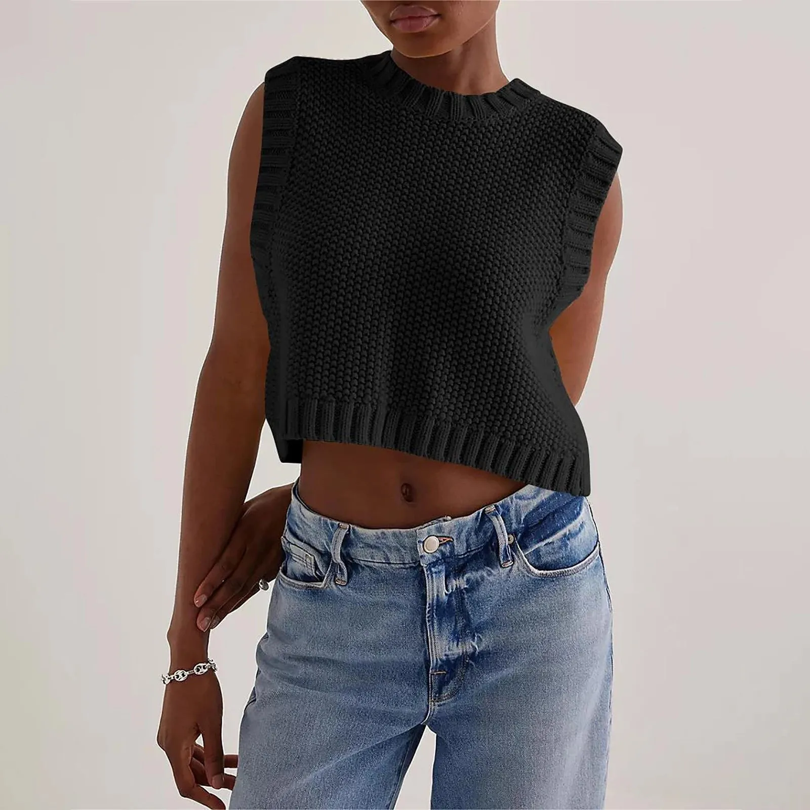 Girlary Women Tie Back Knit Vest Top Open Back Crew Neck Sleeveless Sweater Tank Top Lace Up Backless Shirt Summer Streetwear