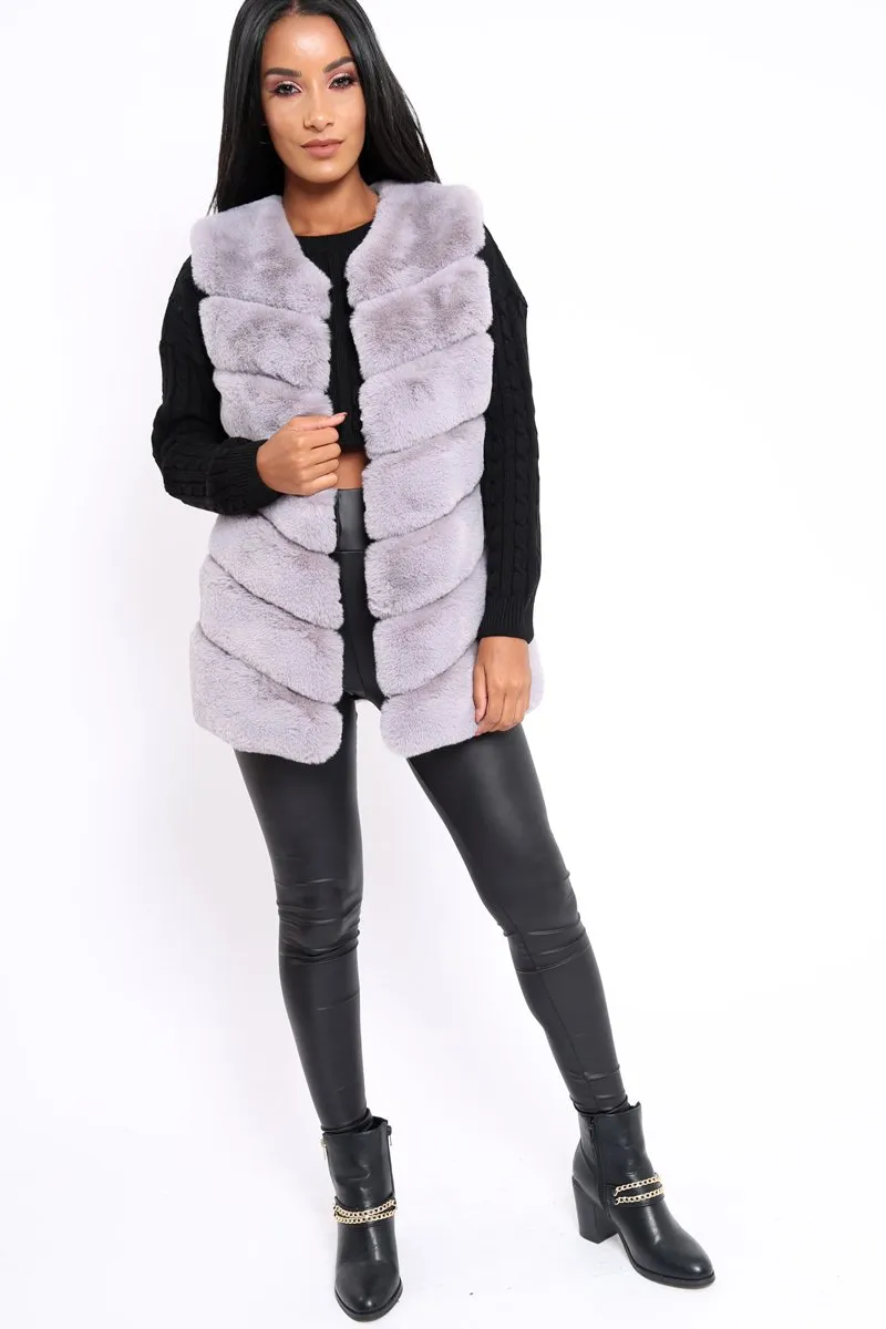 Grey Faux Fur Striped Gilet - Ida