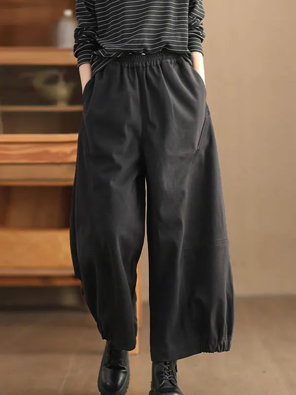 High Waisted Loose Drawstring Elasticity Pleated Solid Color Pants Trousers