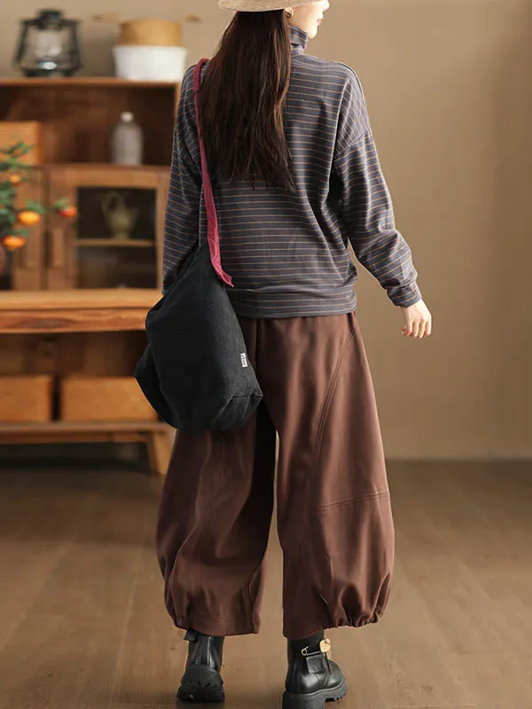 High Waisted Loose Drawstring Elasticity Pleated Solid Color Pants Trousers