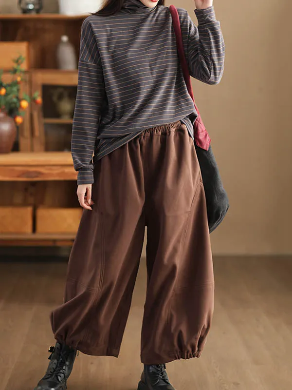 High Waisted Loose Drawstring Elasticity Pleated Solid Color Pants Trousers