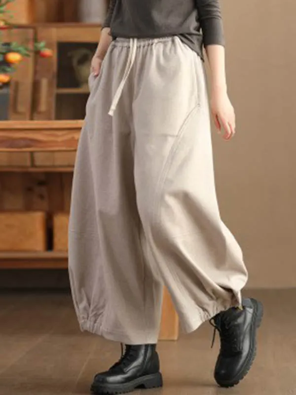 High Waisted Loose Drawstring Elasticity Pleated Solid Color Pants Trousers