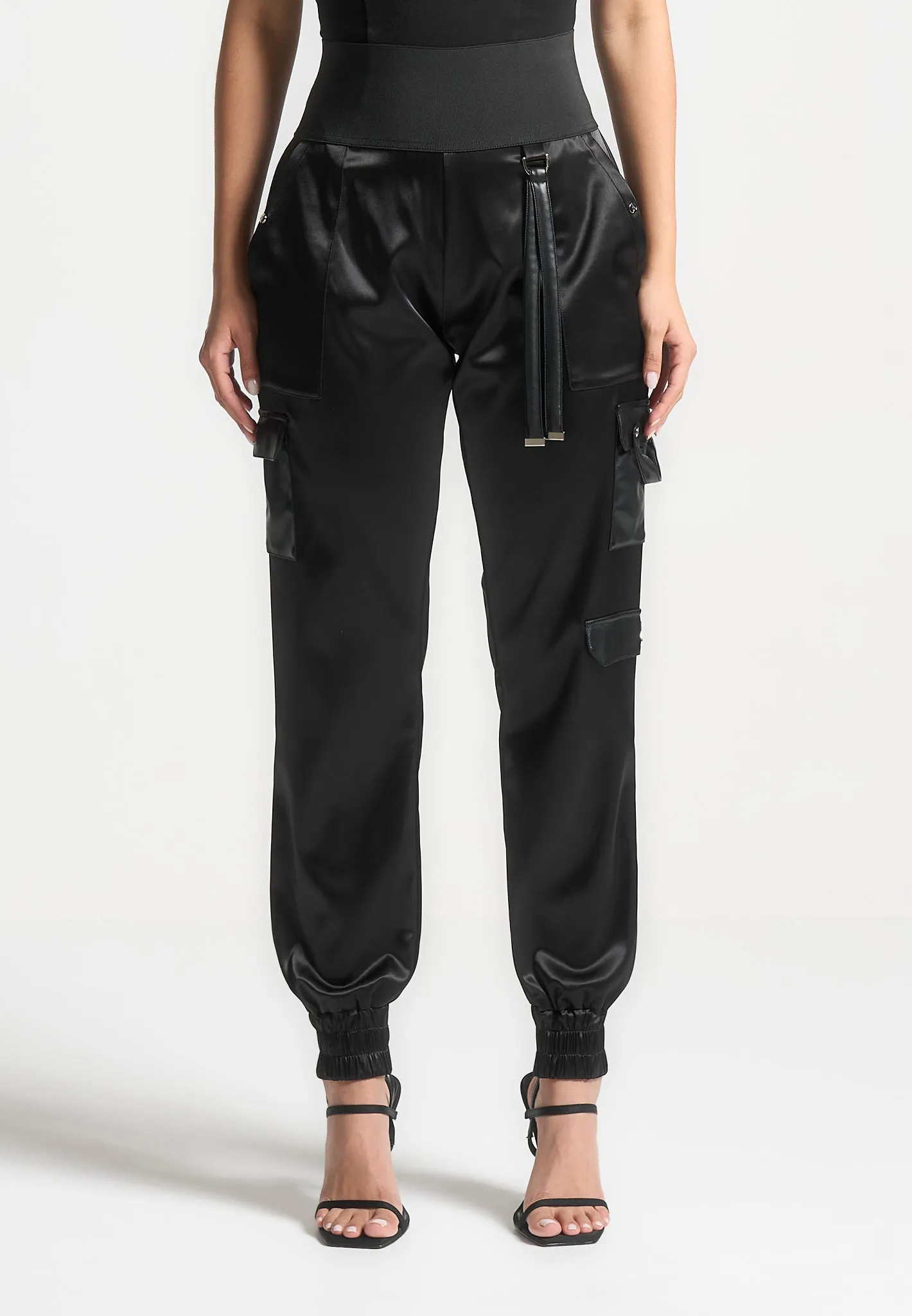 High Waisted Satin Cargo Trousers - Black