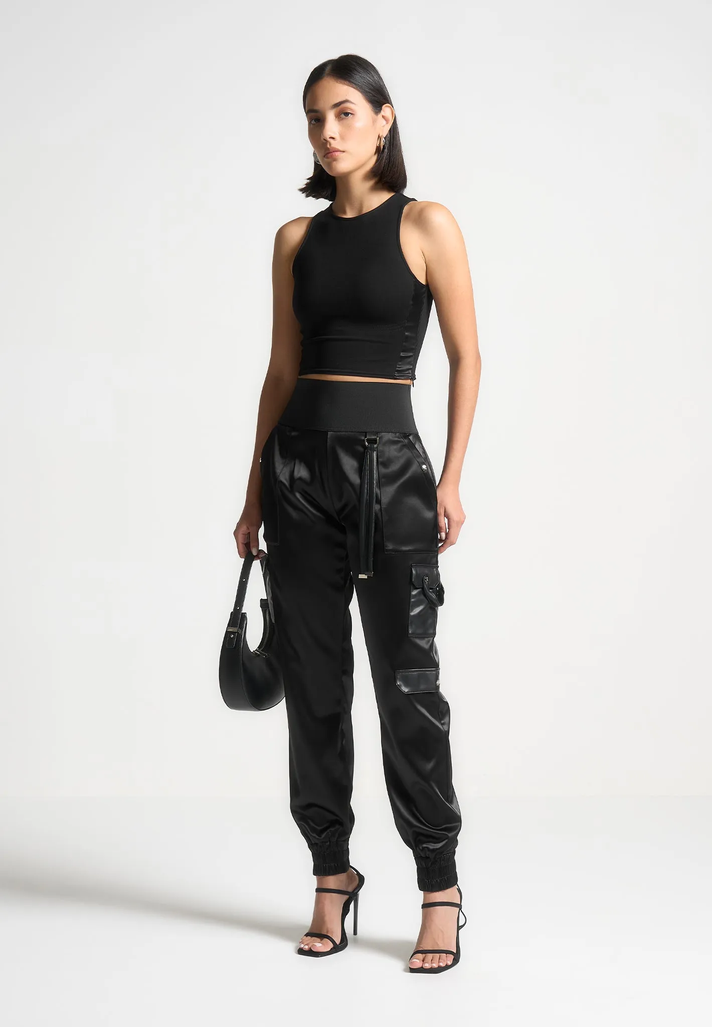 High Waisted Satin Cargo Trousers - Black