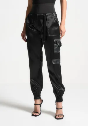 High Waisted Satin Cargo Trousers - Black