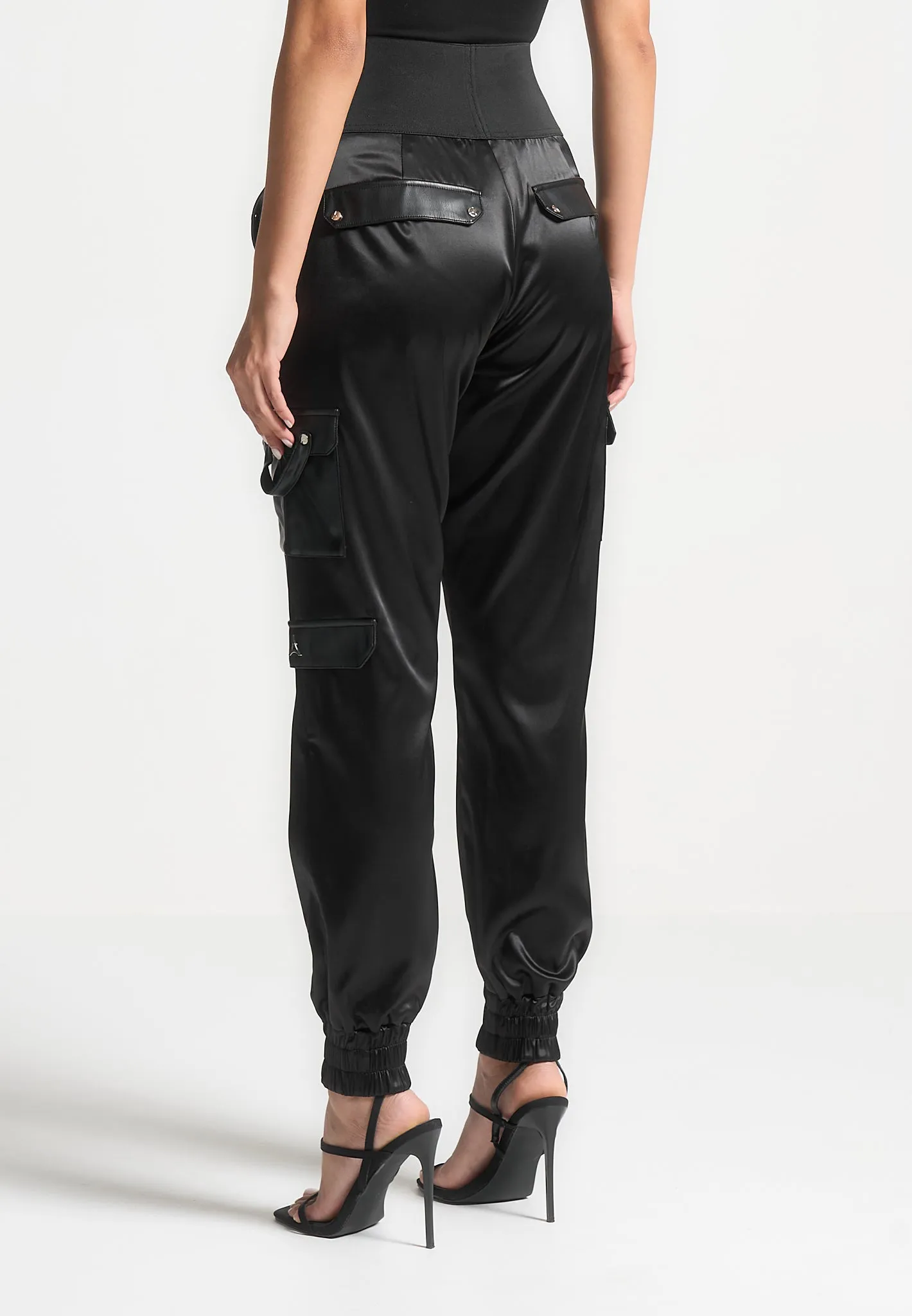 High Waisted Satin Cargo Trousers - Black