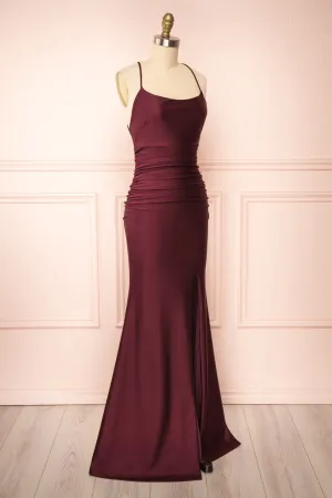 kamahe Burgundy Prom Dresses, Sheath/Column Scoop Neck Silk-like Satin Floor-length Ruffles Bridesmaid Dresses