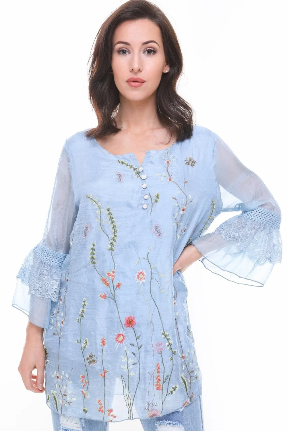 Lace insert Floarty Ruffle Sleeve Floral Embroidered Button Blouse Top