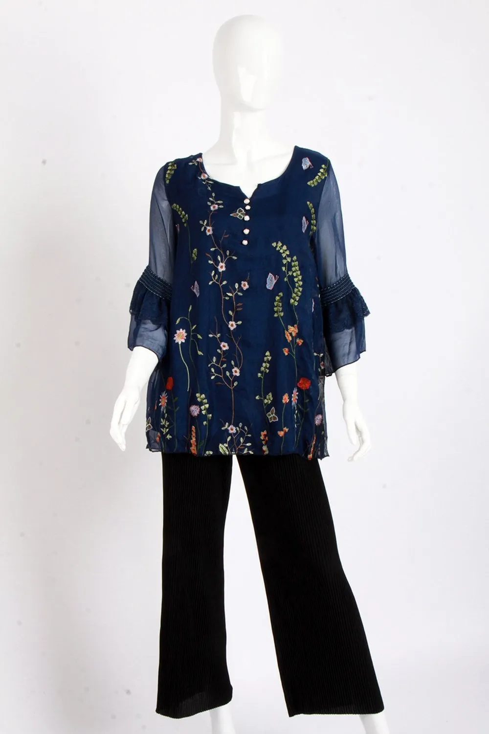 Lace insert Floarty Ruffle Sleeve Floral Embroidered Button Blouse Top