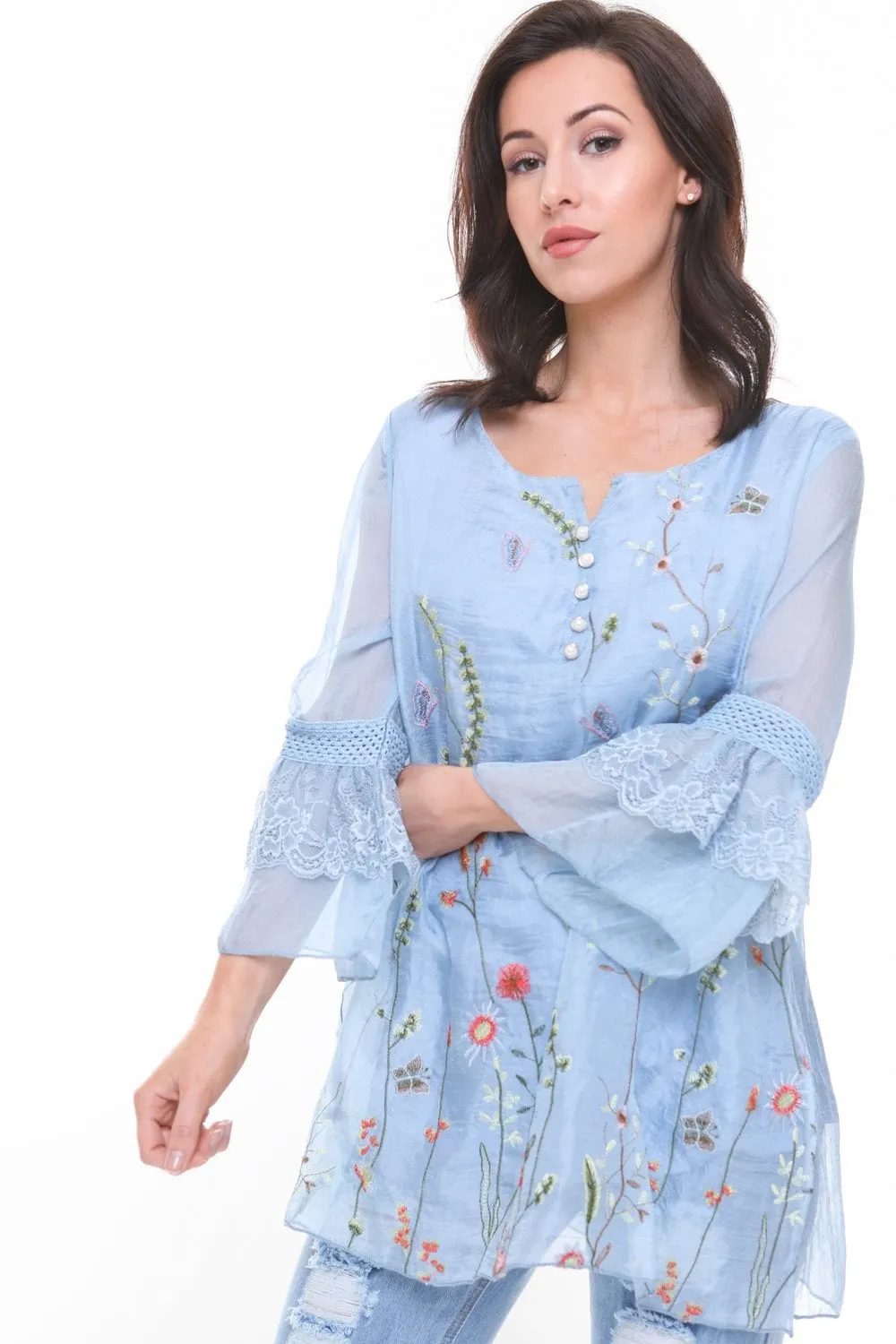 Lace insert Floarty Ruffle Sleeve Floral Embroidered Button Blouse Top