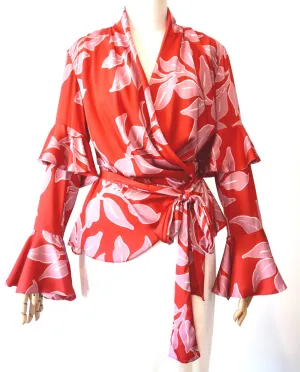 Leaf Print Ruffle Sleeve Wrap Sz XS