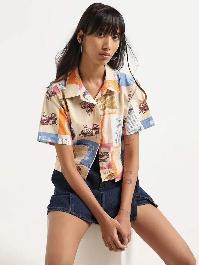 Nuon Multicolor Printed Cotton Crop Shirt