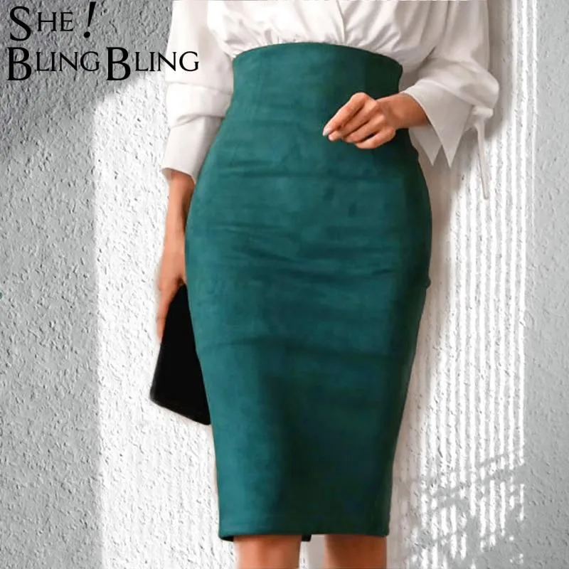 SheBlingBling Empire Skirts  Spring Faux Suede Pencil High Waist Bodycon Split Thick Stretchy Sexy Skirts Knee Length Plus Size