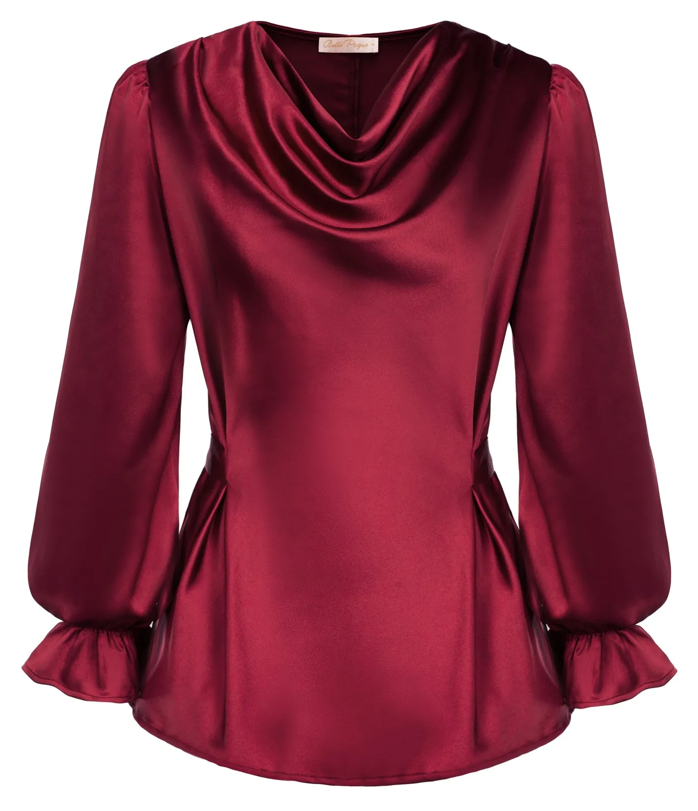 Silk Satin Tops Cowl Neck Drape Blouse Long Sleeve Tie Waist Blouse Shirt Top