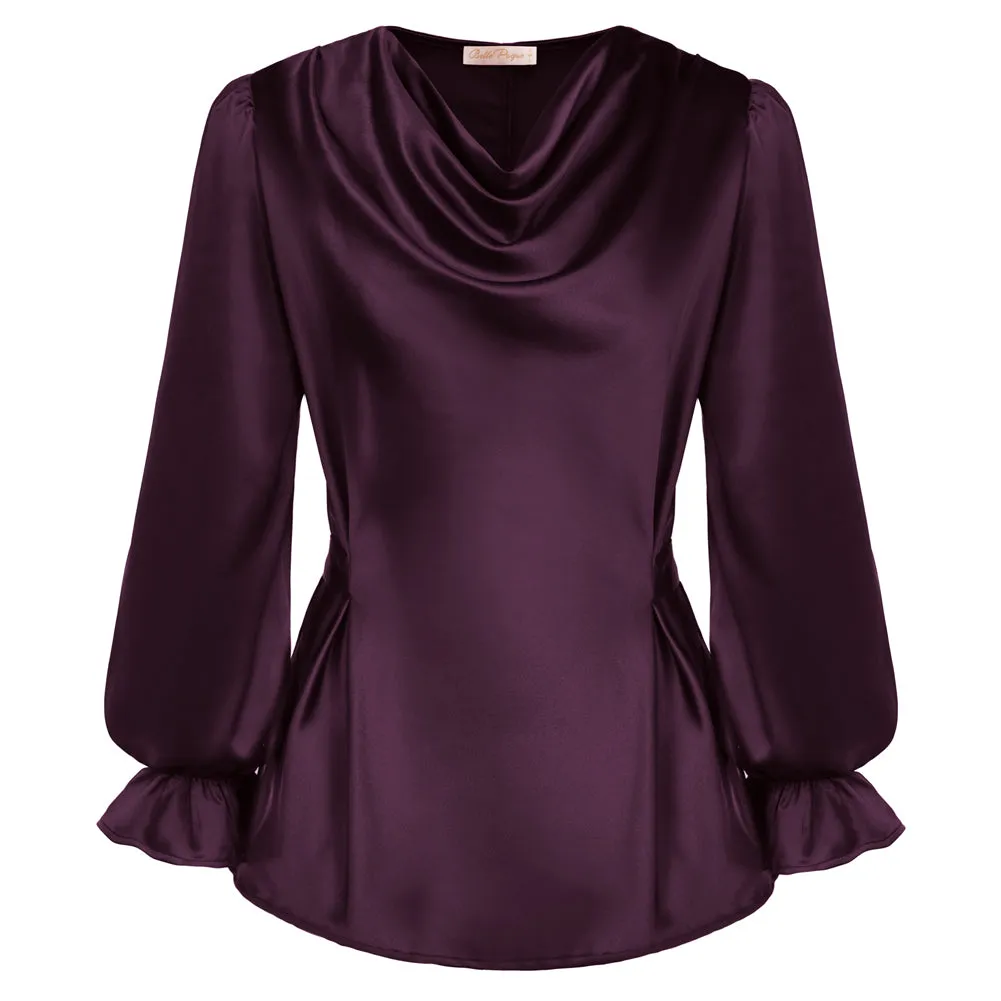 Silk Satin Tops Cowl Neck Drape Blouse Long Sleeve Tie Waist Blouse Shirt Top