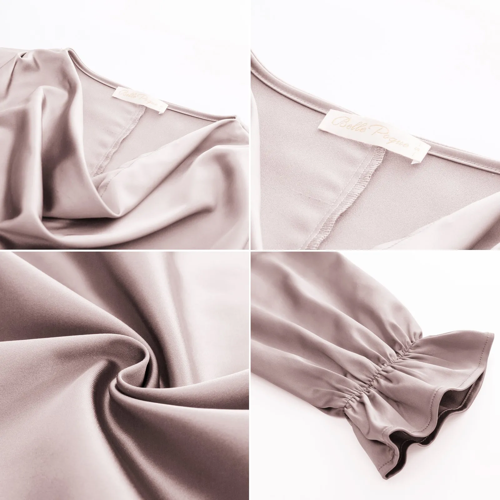 Silk Satin Tops Cowl Neck Drape Blouse Long Sleeve Tie Waist Blouse Shirt Top