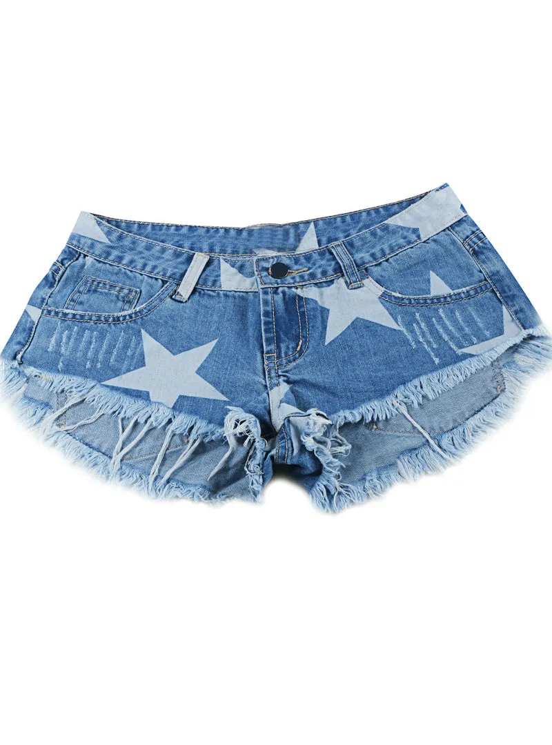 Stars Print Women Shorts Fashion Frayed Tassel Denim