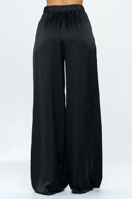 Stretch Satin Pants Elastic Waist and Pockets