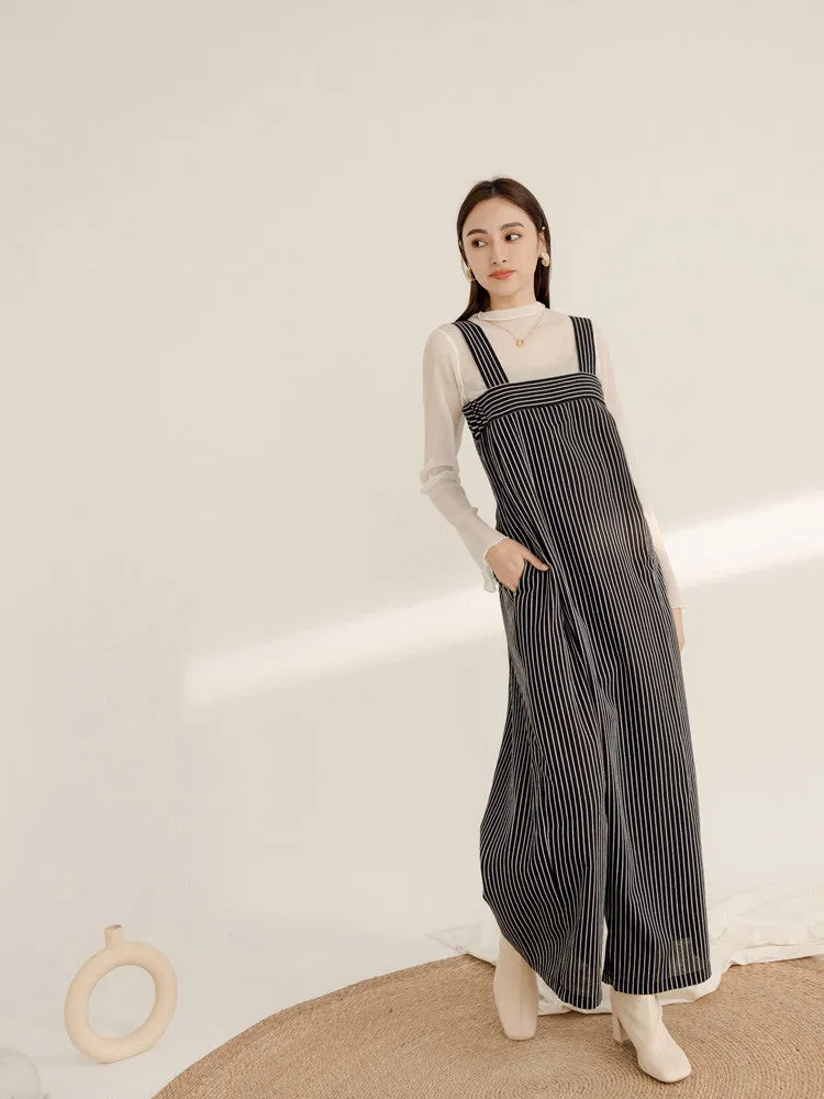 Striped Cotton Long Strap Wide Leg Jumpsuit Pants